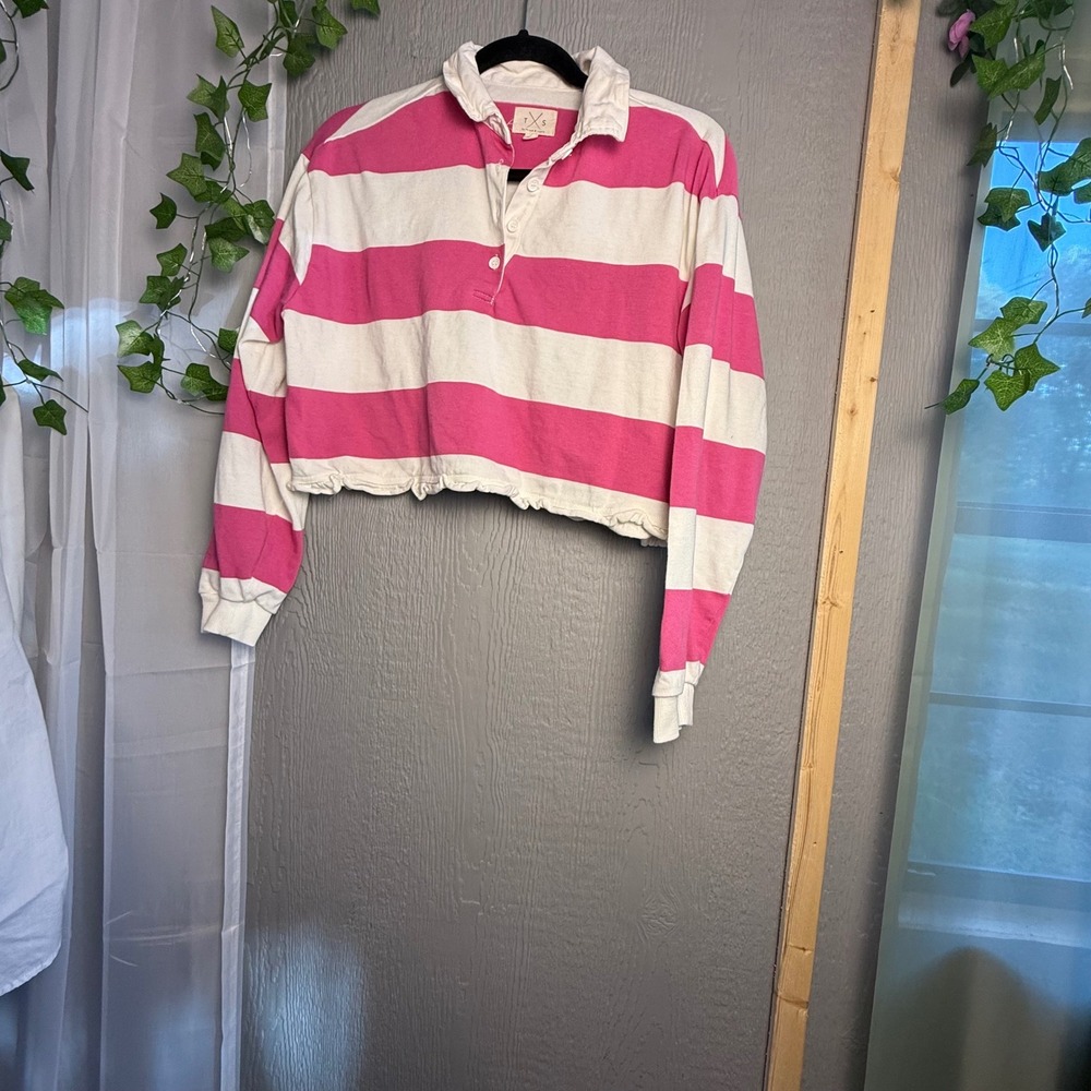Thread & Supply Magenta Striped Crop Rugby Shirt Ruffle Hem Small - Picture 2 of 5
